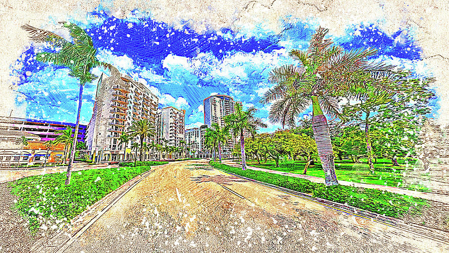 Young Circle Park in downtown Hollywood, Florida - colored drawing Digital Art by Nicko Prints