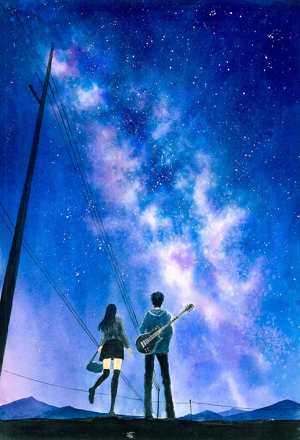 Young Couple Staring At Milky Way In Romantic Night Painting By Cyc Studio