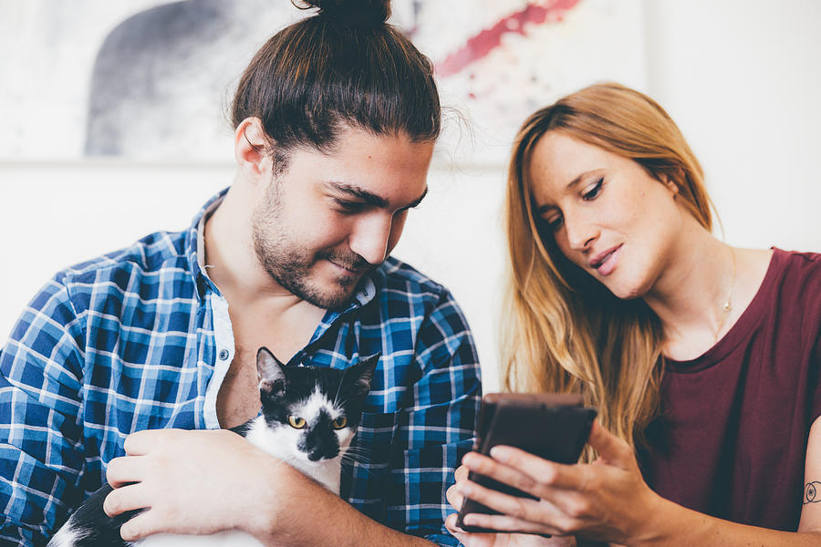 Young couple with their cat checking social media feed using a smartphone Photograph by GCShutter