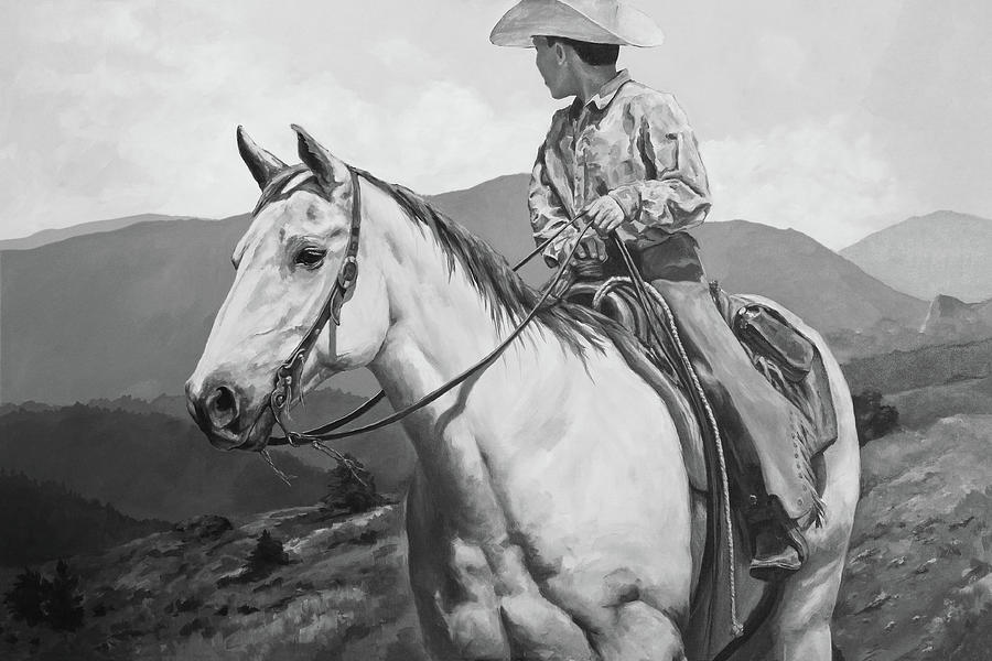 Horse Painting - Young Cowboy Bw by Joan Frimberger