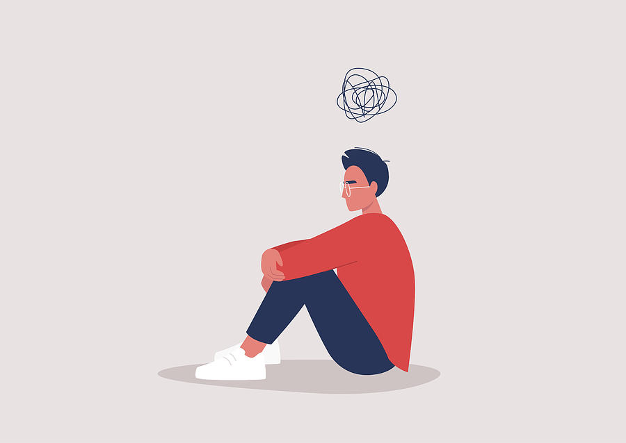 Young depressed male character sitting on the floor and holding their knees, a cartoon scribble above their head, mental health issues Drawing by Nadia_bormotova