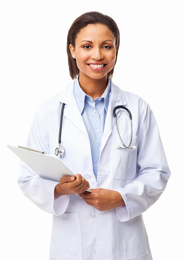 Young Female Doctor Holding Clipboard - Isolated Photograph by Neustockimages