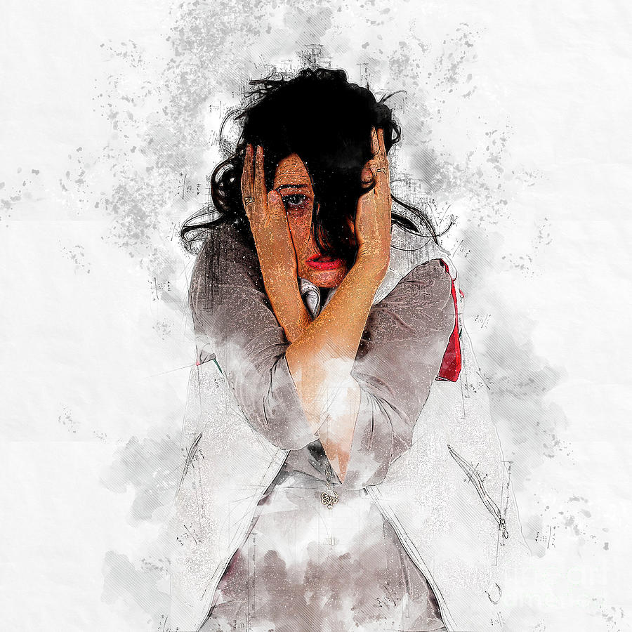 Exaggerated Digital Art - Young frightened woman hugging herself in fear l3 by Humorous Quotes