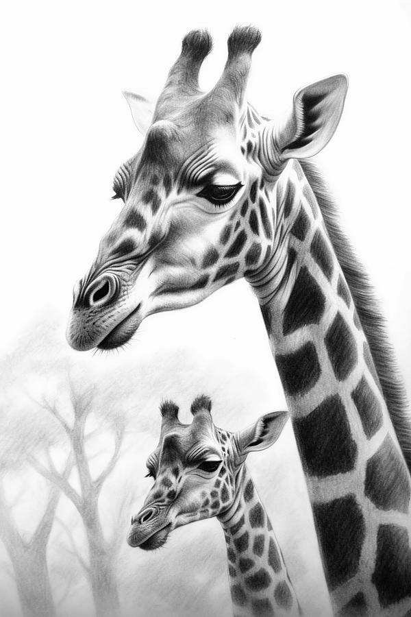 Wildlife Drawing - Young giraffe with its mother, charcoal drawing by David Mohn
