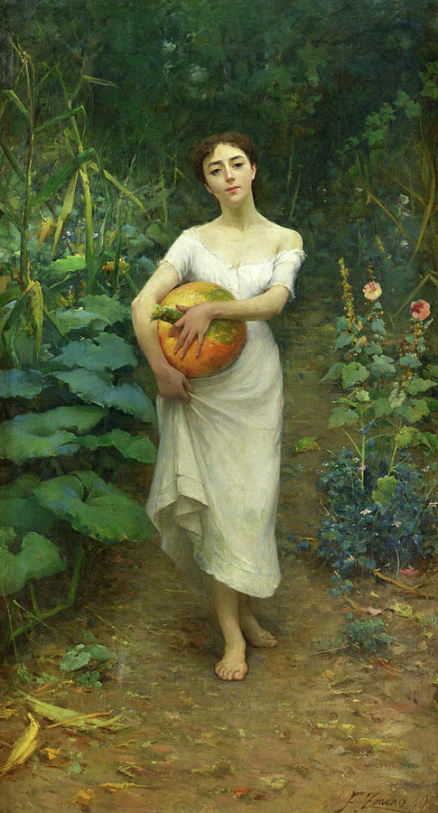 Pumpkin Painting - Young Girl Carrying a Pumpkin, 1889 by Fausto Zonaro