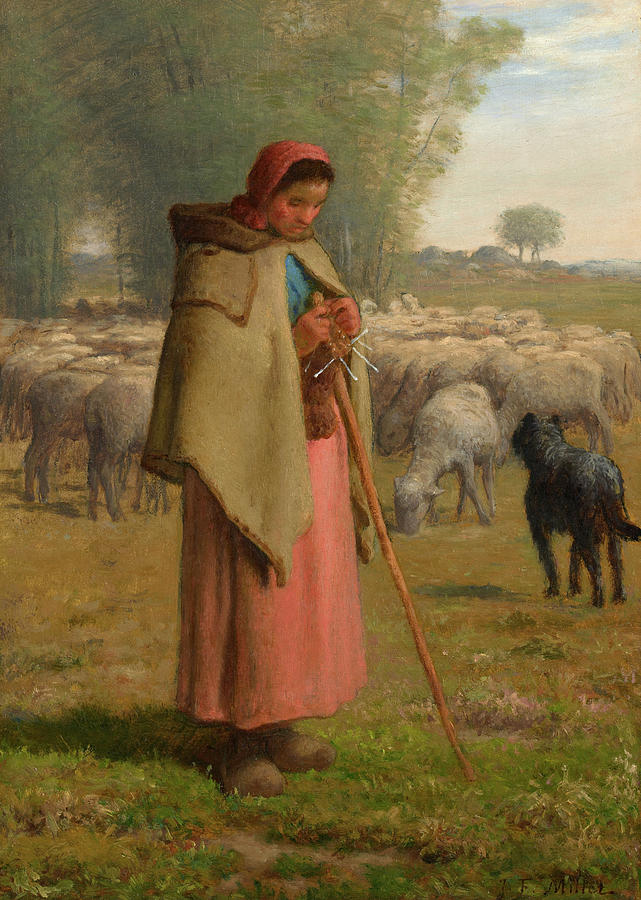 Jean Francois Millet Painting - Young Girl Guarding her Sheep, 1862 by Jean-Francois Millet