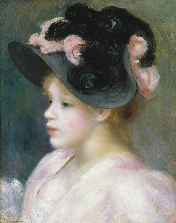 Young Girl in a Pink-and-Black Hat, circa 1891 Painting by Auguste Renoir