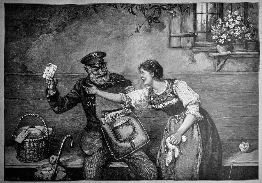 Young girl is looking forward to get the letter that the postman brought. The postman does not want to give a letter to the girlfriend while joking - 1896 Drawing by Maodesign