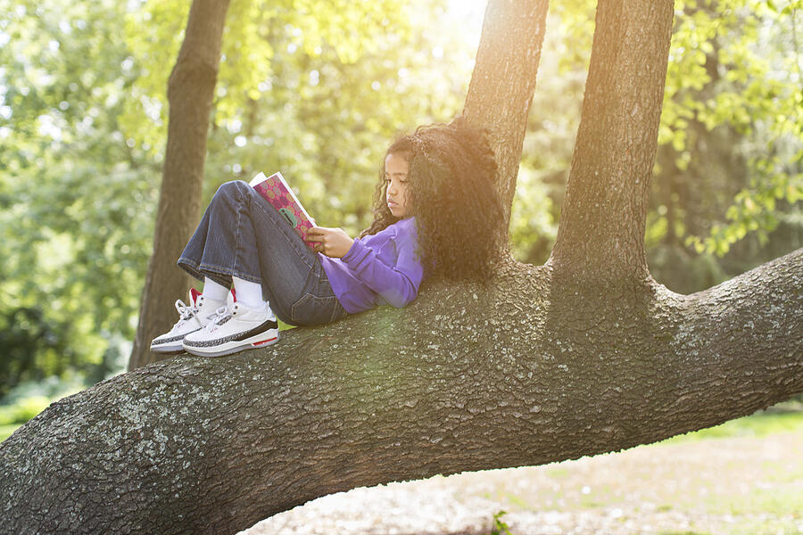 Young girl lying on tree branch reading book Photograph by Steve Prezant