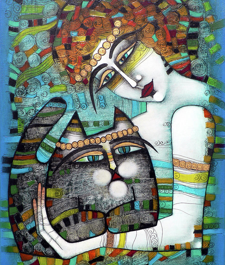 Young girl with a cat Painting by Albena Vatcheva