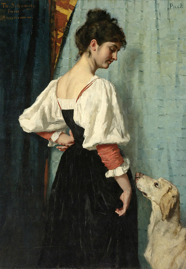 Young Italian woman with the dog Puck Painting by Therese Schwartze