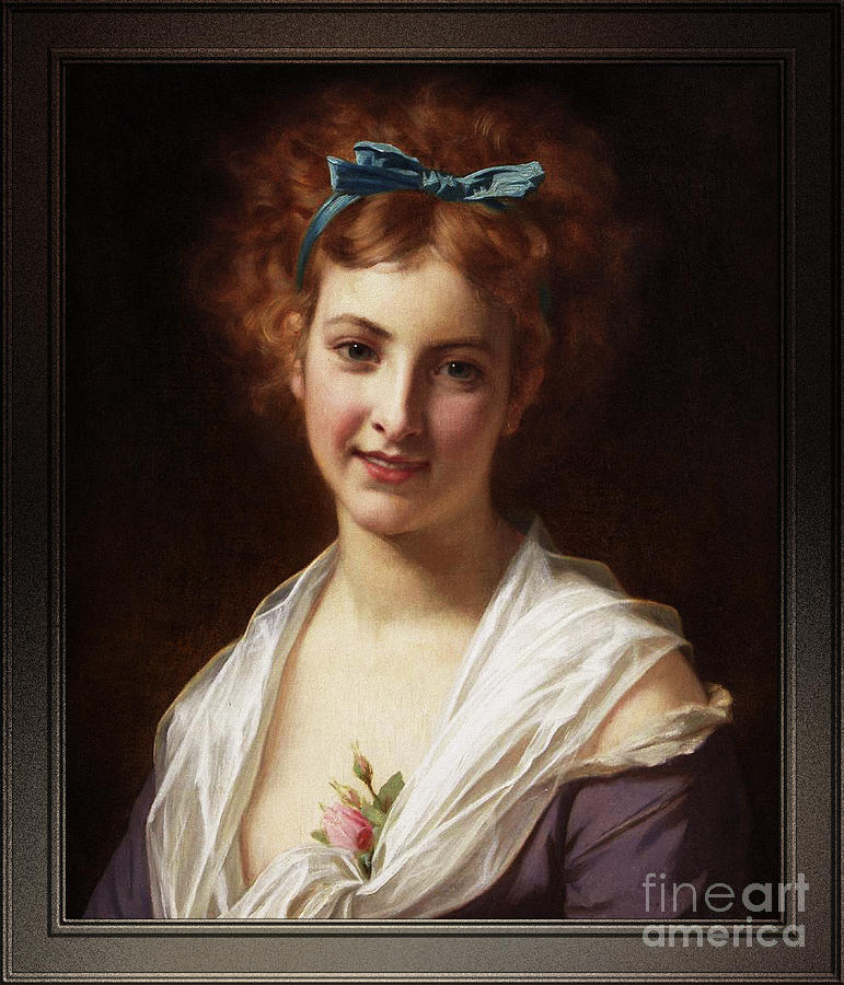 Young Lady With Blue Bow by  Hugues Merle Classical Art Old Masters Reproduction Painting by Rolando Burbon