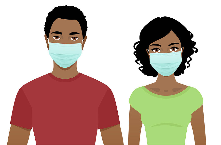 Young man and woman in surgical masks Drawing by Askmenow