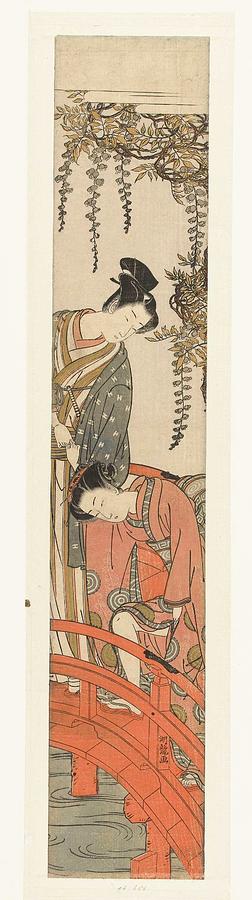 Young man and woman on the bridge at the Kameido shrine, Isoda Koryusai, 1770 - 1780 Painting by Artistic Rifki