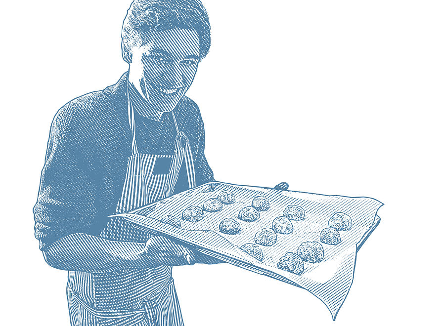 Young man baking cookies Drawing by GeorgePeters