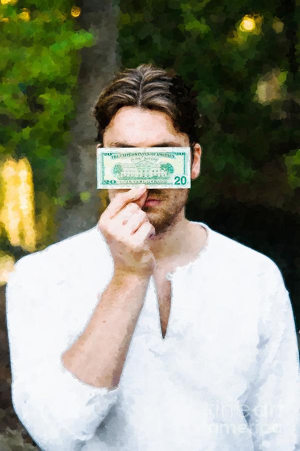 Young Man Holds A Dollar Bill In Front Of His Face, Corruption Concept. Photograph