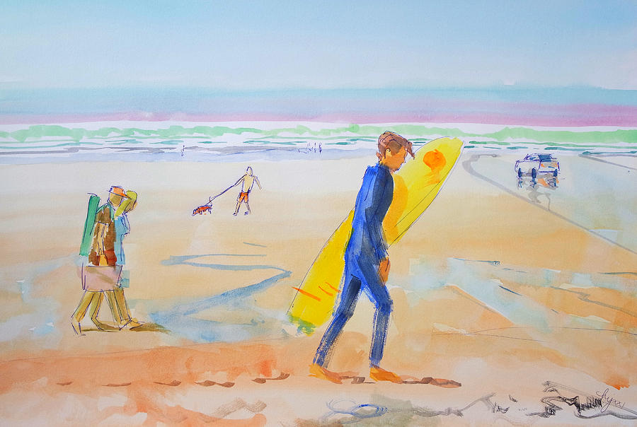 Young man walking with yellow surfboard on Fistral Beach Cornwall painting Painting by Mike Jory