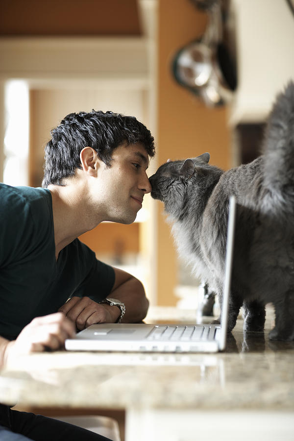 Young man with laptop and cat nose to nose, side view Photograph by Thomas Northcut