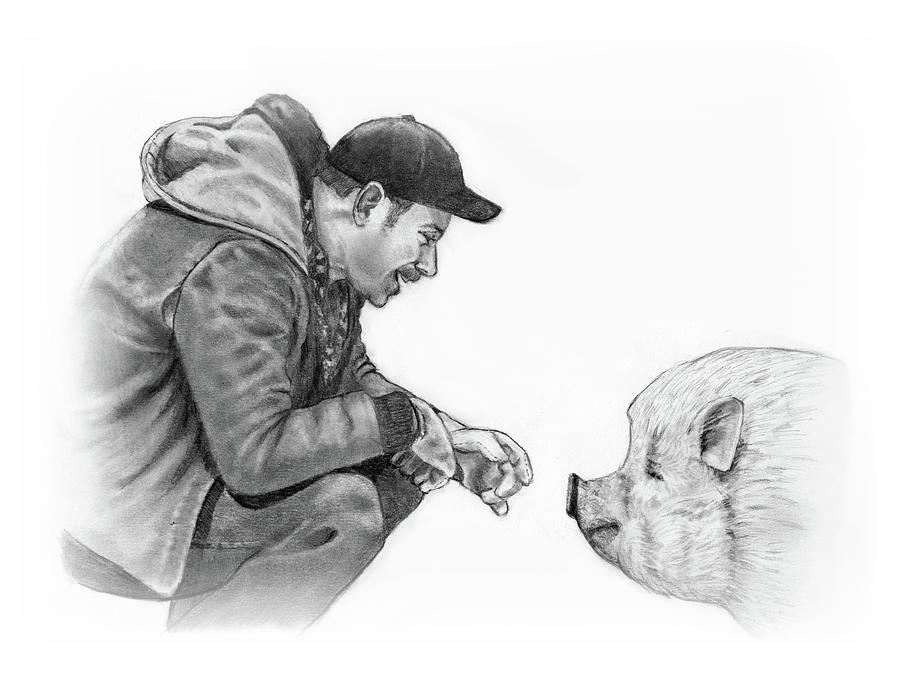 Animal Drawing - Young Man with Pot-Bellied Pig by Joyce Geleynse