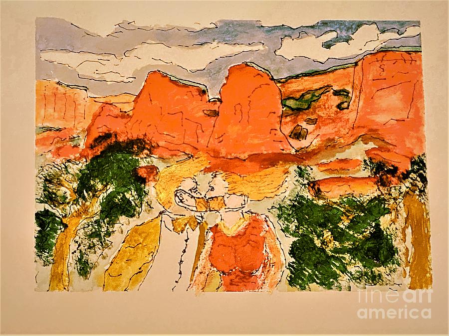 Young marrieds COVID kissing in Kolob Canyon Utah Painting by Richard W Linford