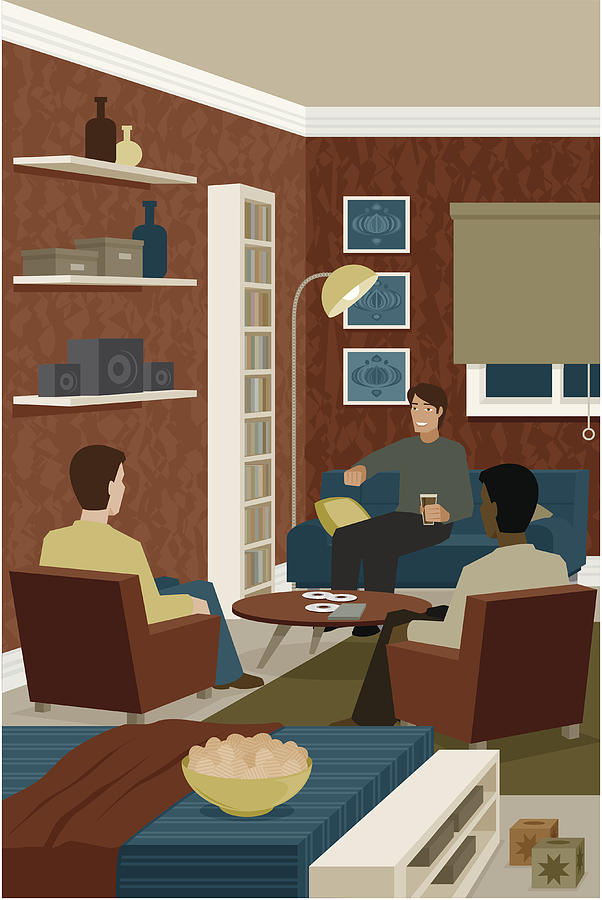 Young Men Sitting in Living Room Talking and Eating Snacks Drawing by Bortonia