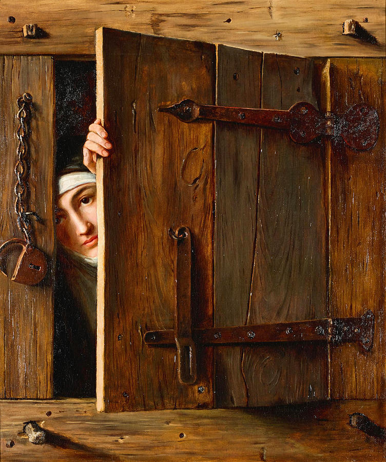 Young nun peeking Painting by Anonymous