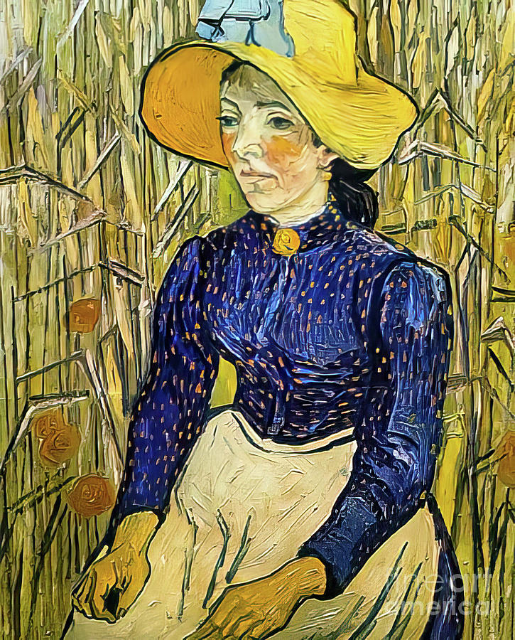Young Peasant Girl in a Straw Hat Sitting in Front of a Wheat Fi Painting by Vincent Van Gogh
