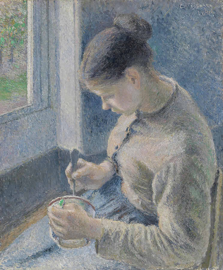 Young Peasant Having Her Coffee. Camille Pissarro, French, 1830-1903. Painting by Camille Pissarro