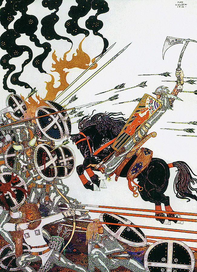 Young people and black horses participating in the war from the neighboring country Painting by Kay Nielsen