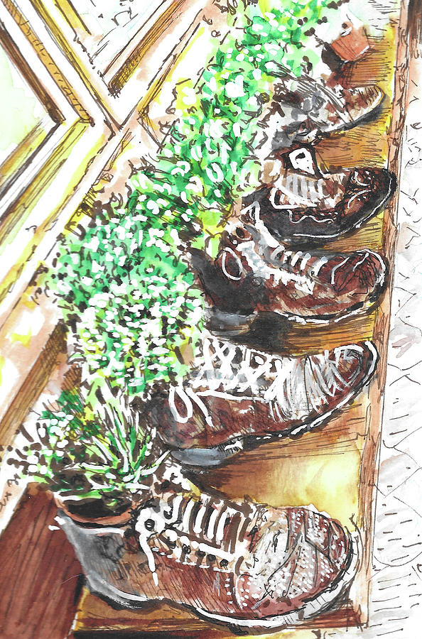 Young plants growing in old shoes Painting by Thomas Hamm