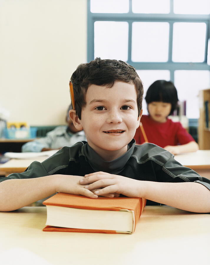 Young Primary Schoolboy Sitting at His Desk in a Classroom Photograph by Digital Vision.