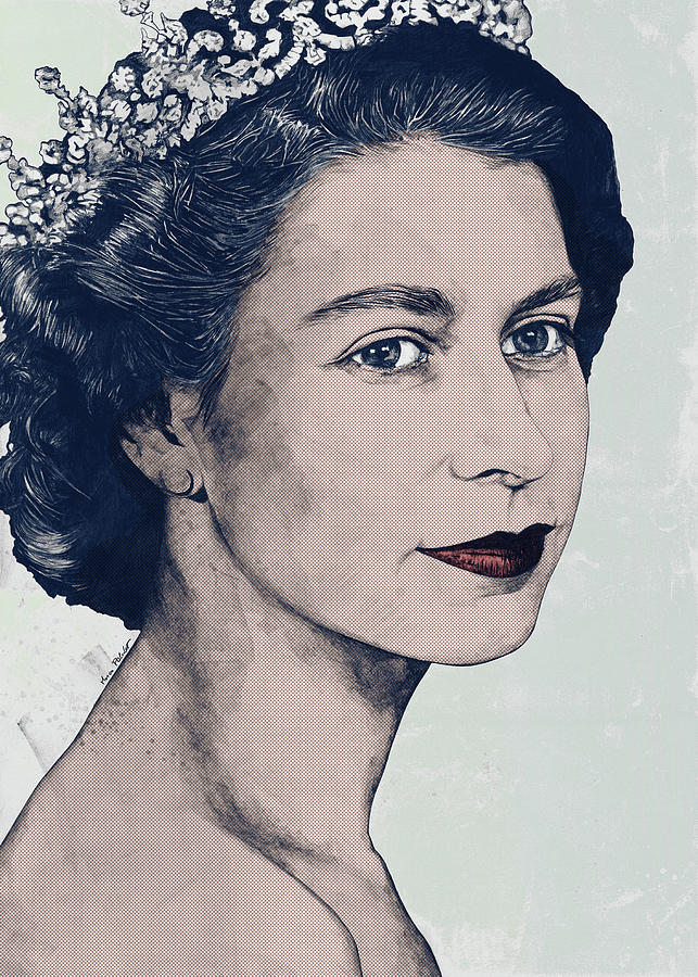 Queen Drawing - Young Queen Elizabeth II colored pop art portrait by Marco Paludet
