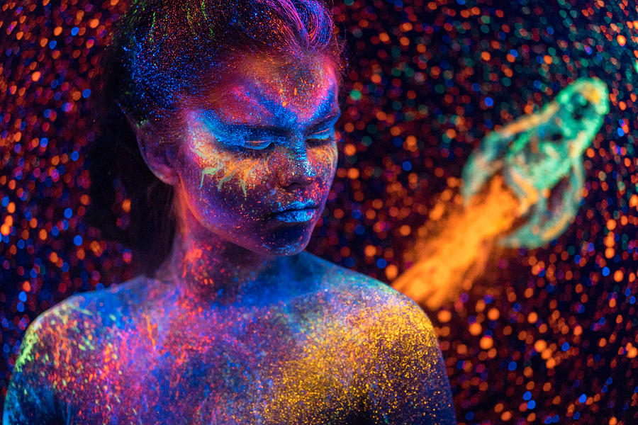 Young Space Woman with Luminous Body Painting on Starry Sky Backdrop Photograph by Mordolff