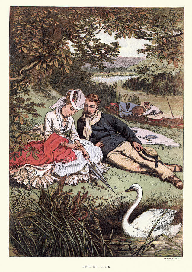 Young victorian couple relaxing on the riverbank 19th Century Drawing by Duncan1890