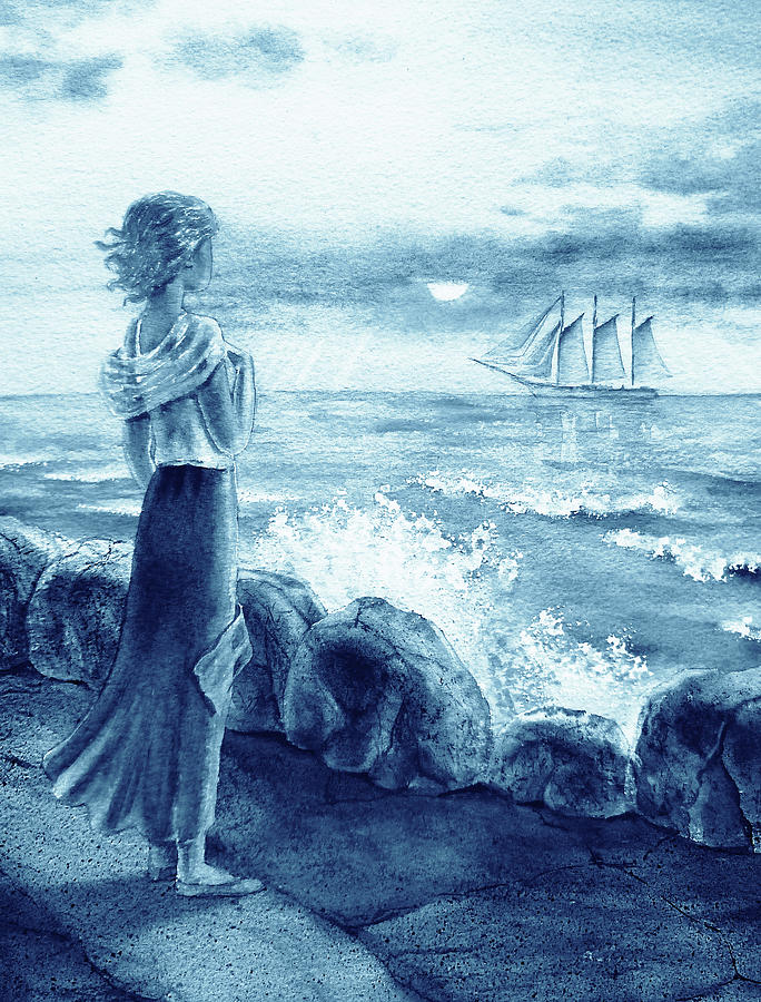 Young Woman And Ocean Watercolor Painting In Teal And Blue  Painting by Irina Sztukowski