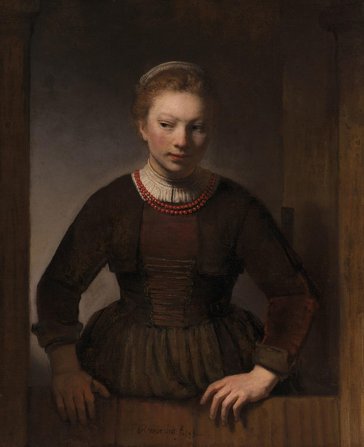 Young Woman at an Open Half-Door Painting by Workshop of Rembrandt