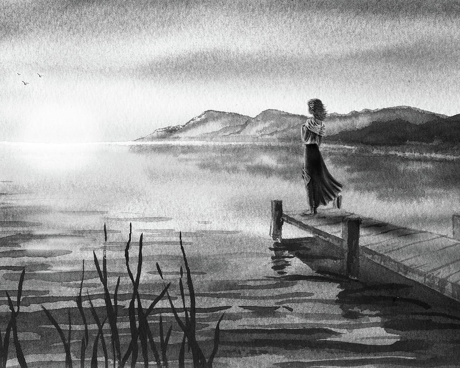 Young Woman At The Pier Watching Lake Sunset Watercolor In Gray Painting by Irina Sztukowski