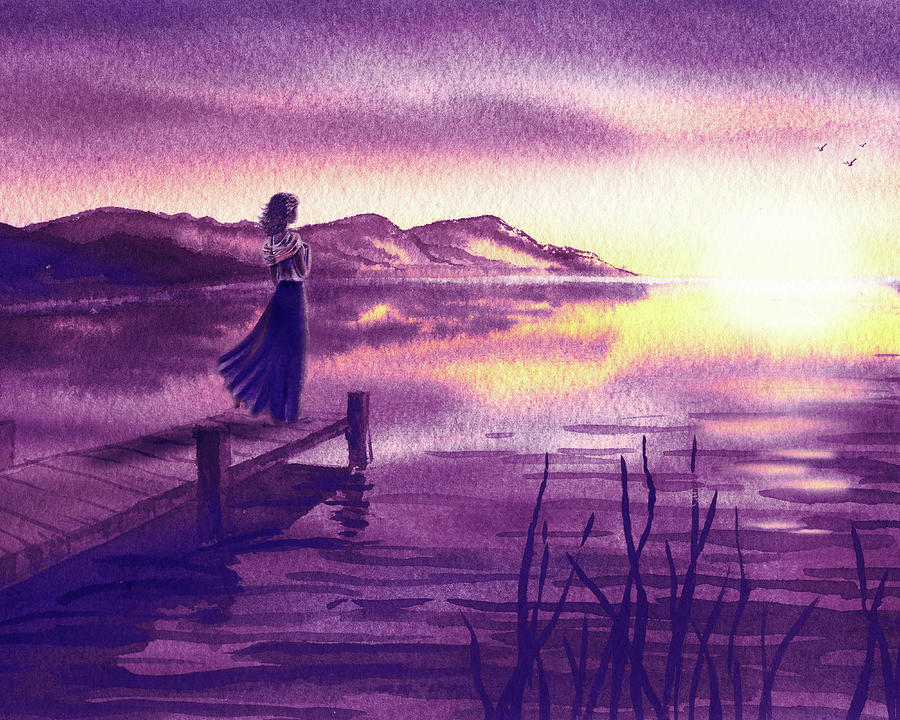 Young Woman At The Pier Watching Lake Sunset Watercolor In Purple  Painting by Irina Sztukowski