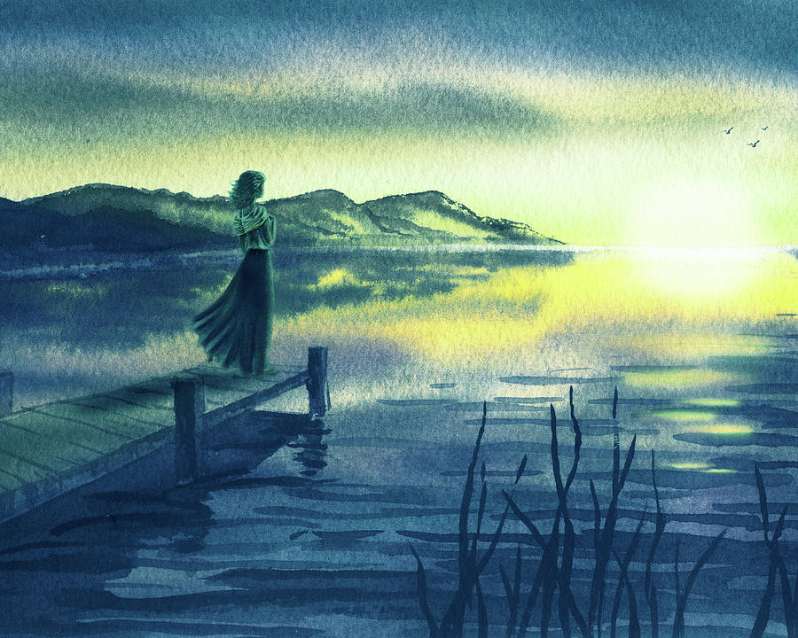 Young Woman At The Pier Watching Lake Sunset Watercolor In Teal Blue And Yellow Painting by Irina Sztukowski