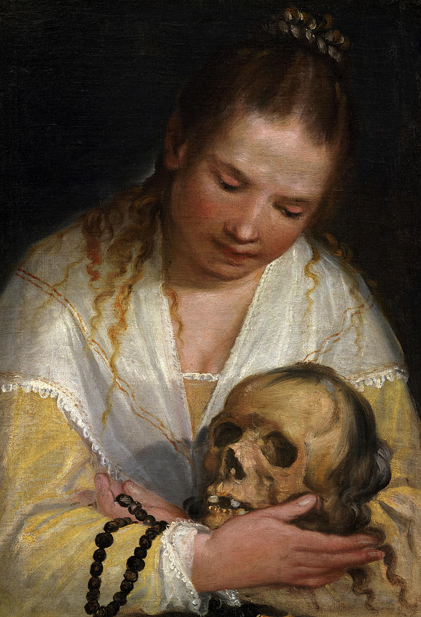 Skull Painting - Young Woman Contemplating a Skull by Alessandro Casolano