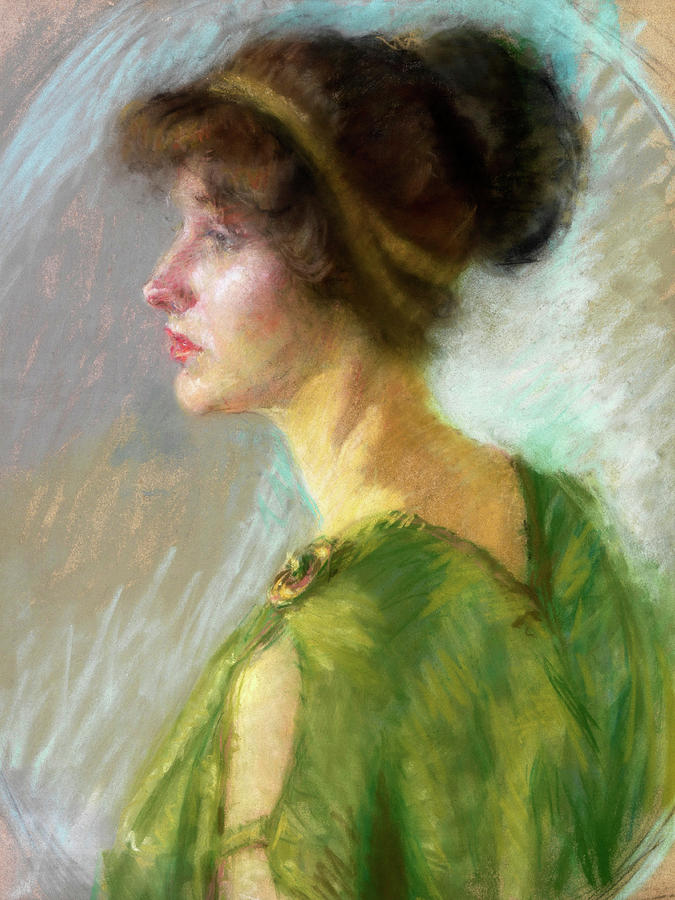 Young Woman in Green - High resolution - digitally enhanced Painting by Alice Barney