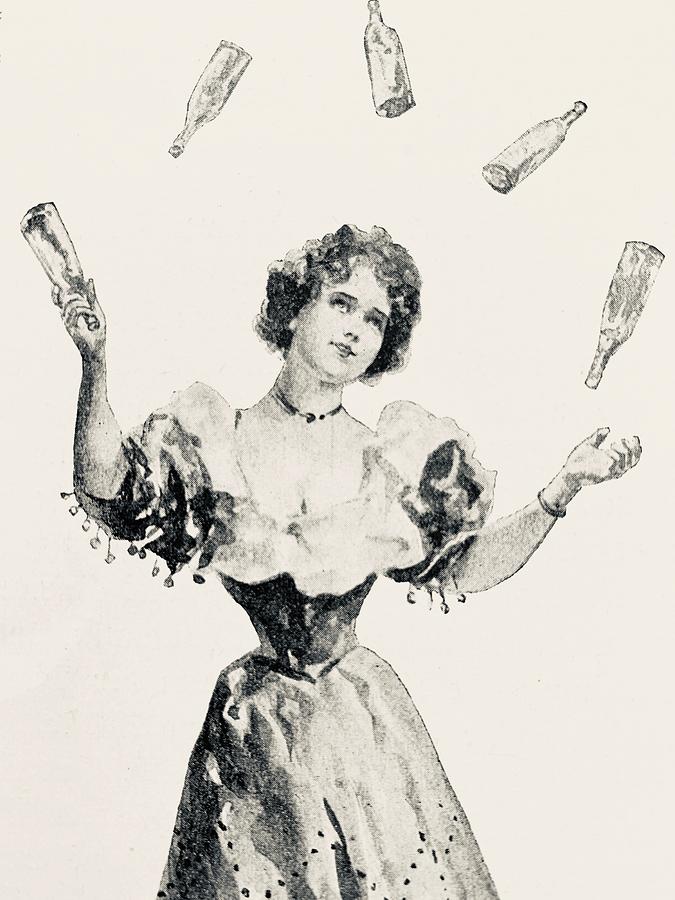 Young woman juggling bottles Drawing by Clu