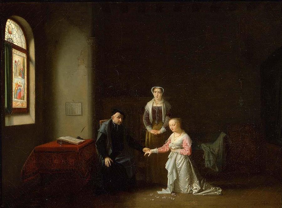 Young Woman Kneeling Before a Priest Drawing by Jean Baptiste Mallet ...