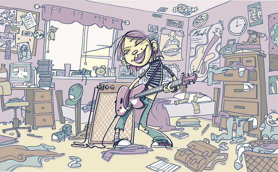 Young Woman Playing Guitar in Messy Room Drawing by Doodlemachine