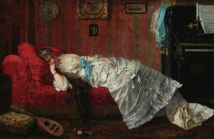YOUNG WOMAN IN DRESS SLEEPING RESTING ON A COUCH PAINTING ART REAL CANVAS PRINT 