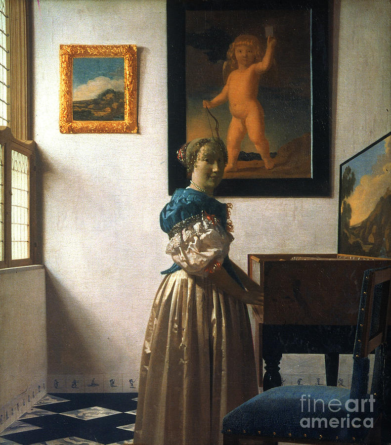 Young woman standing by a Virginal, c1670 Painting by Johannes Vermeer