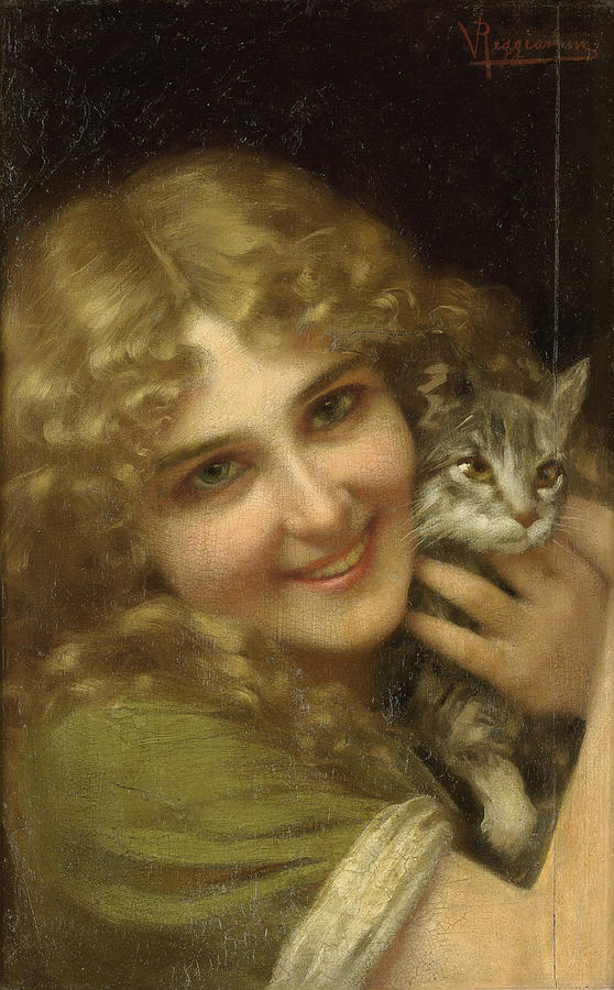 Kitten Painting - Young woman with a kitten by Vittorio Reggianini