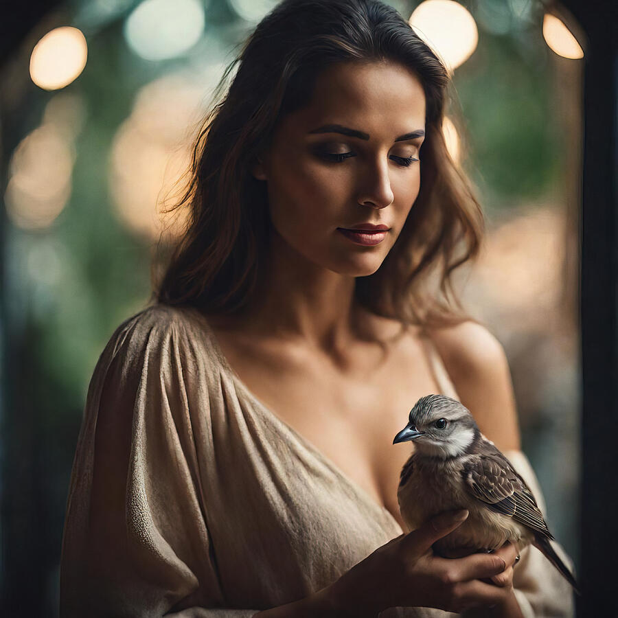 Nature Photograph - Young woman with a little bird by Manolis Tsantakis