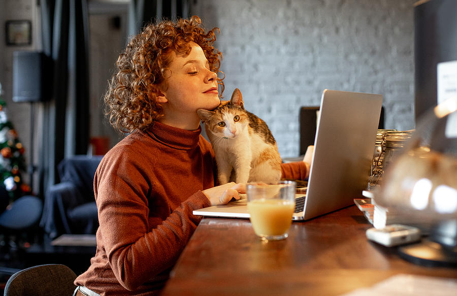 Young woman with cat using laptop Photograph by Sanjeri