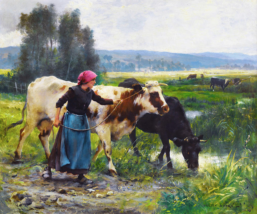 Animal Painting - Young Woman with Two Cows by Julien Dupre